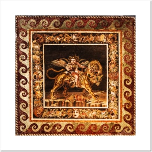 POMPEII ,ANTIQUE ROMAN MOSAICS Young Dionysus Riding a Tiger Posters and Art